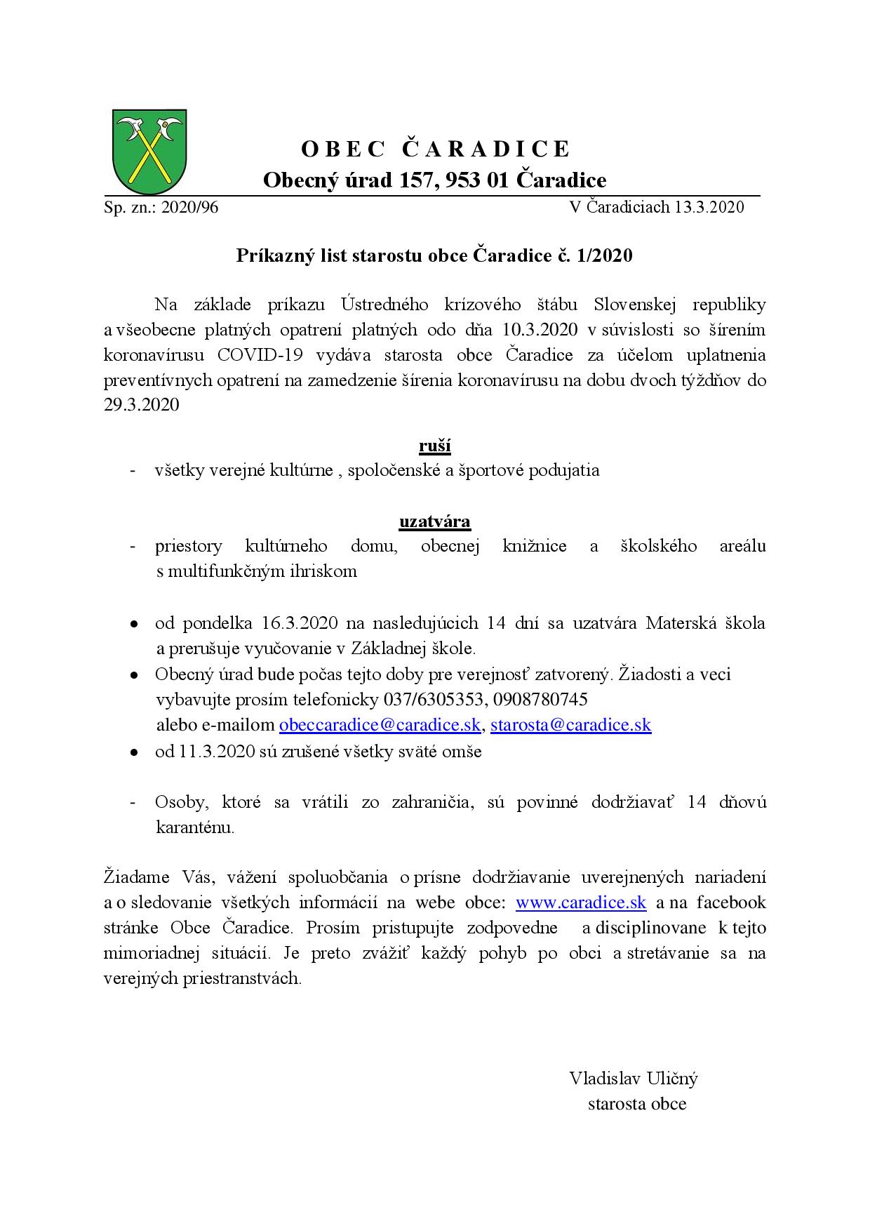 Príkazný list starostu obce Čaradice